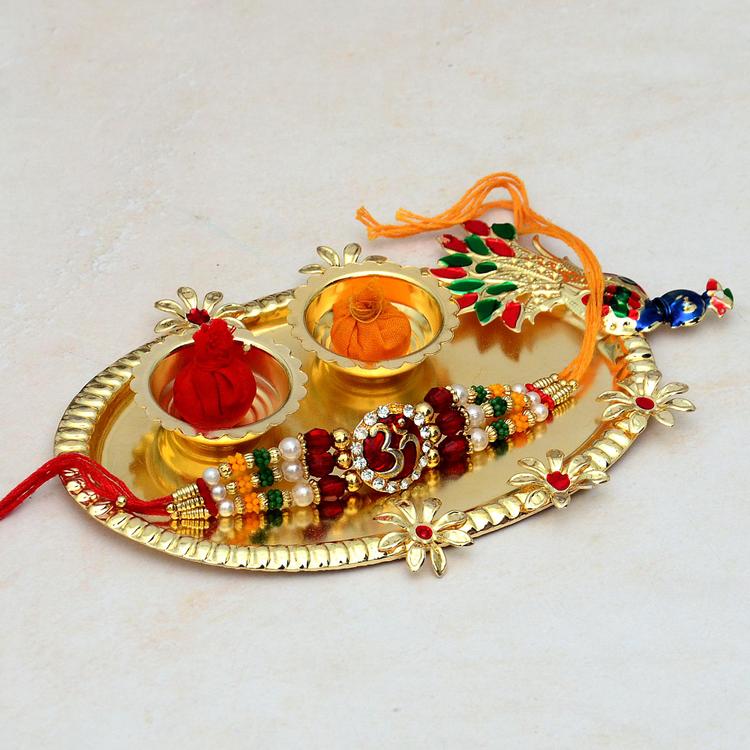 Puja Thali - Golden Peacock Thali with OM Rakhi
