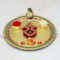 Designer Kalash Thali, Red Zardosi Rakhi