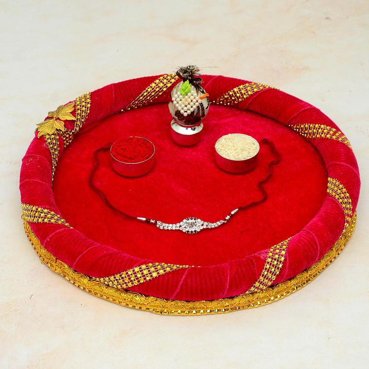 Puja Thali - Red Round Zari Thali with Swastik Rakhi