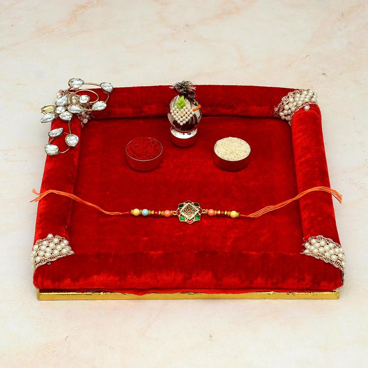 Puja Thali - Square Red Thali with Swastik Rakhi