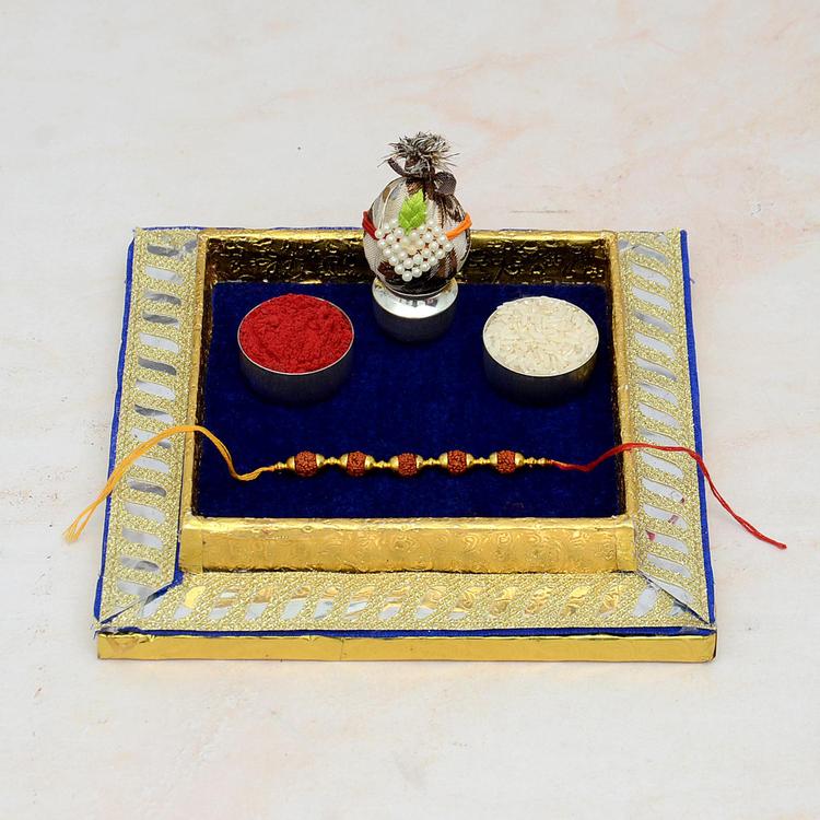 Golden Blue Square Thali & Rudraksh Rakhi