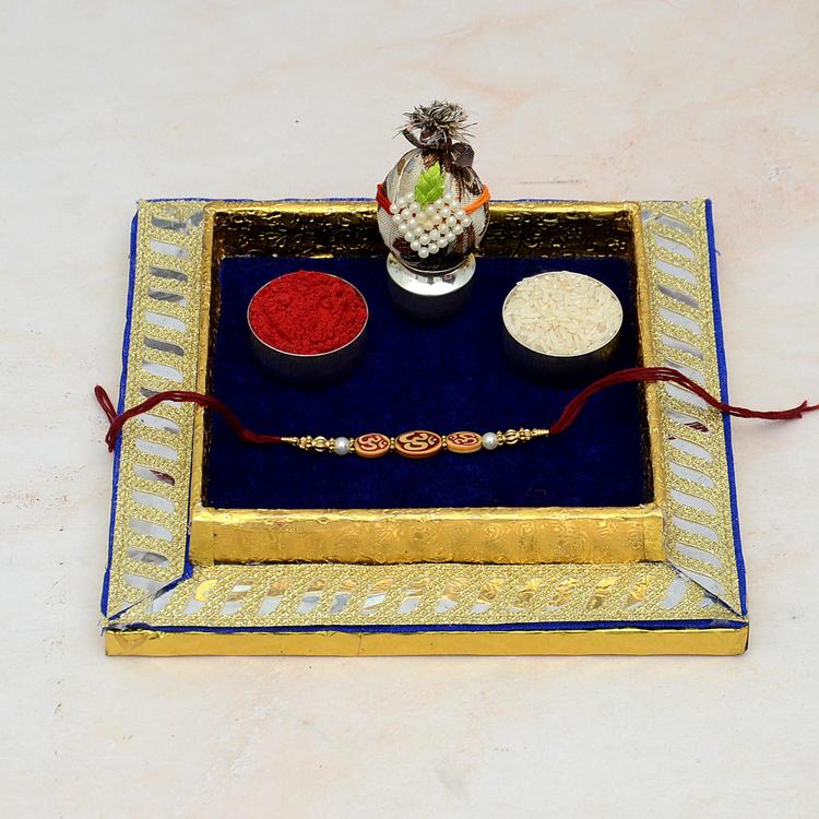 Golden Blue Square Thali & OM Rakhi