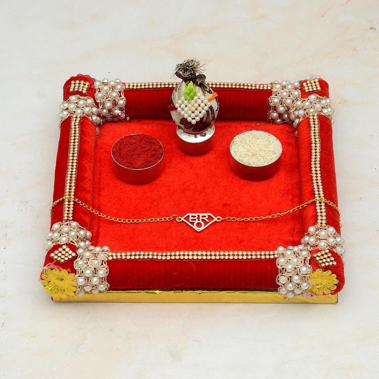 Puja Thali - Square Pearl Thali with Bro Bracelet Rakhi