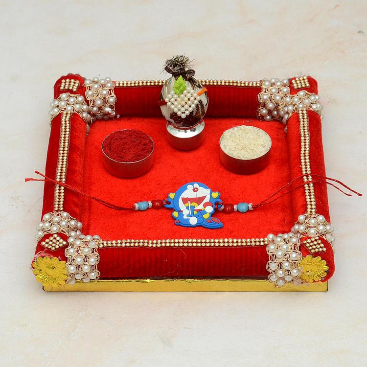 Square Pearl Thali & Doraemon Kids Rakhi