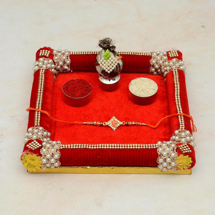 Puja Thali - Square Pearl Thali with Ganesha Rakhi