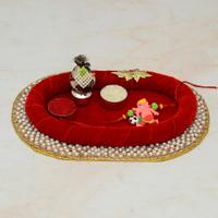 Puja Thali - Oval Red Thali with Ganesha Kids Rakhi