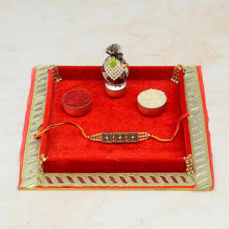Puja Thali - Red Square Thali with Wooden Rakhi