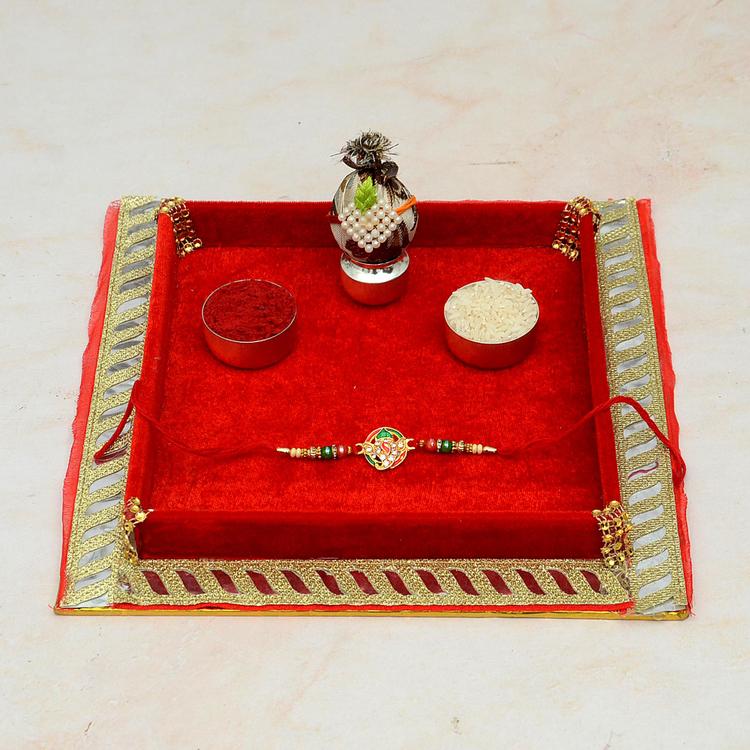 Puja Thali - Red Square Thali with Ganesh Rakhi