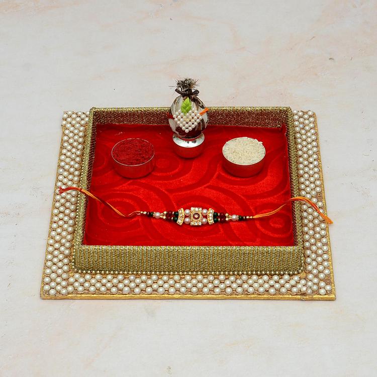 Red Square Pearl Thali & Rakhi