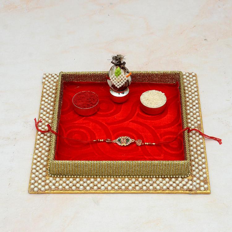 Red Square Pearl Thali & Antique OM Rakhi