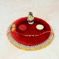 Puja Thali - Red Round Pearl Thali with Rudraksh Rakhi