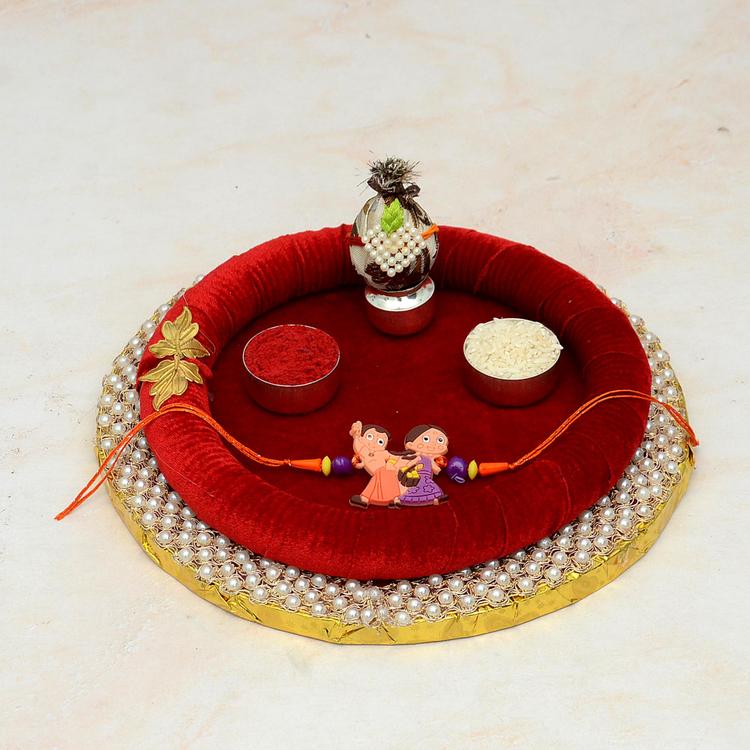 Red Pearl Thali & Bhim & Chutki Kids Rakhi