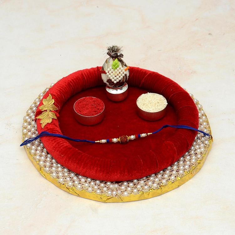 Red Pearl Thali & Blue Thread Rudraksh Rakhi