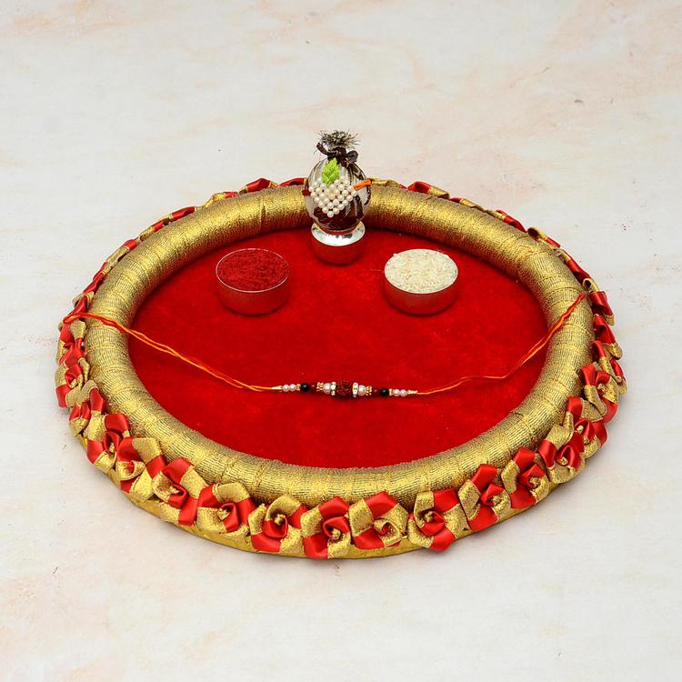 Puja Thali - Round Rose Thali with Rudraksh Rakhi