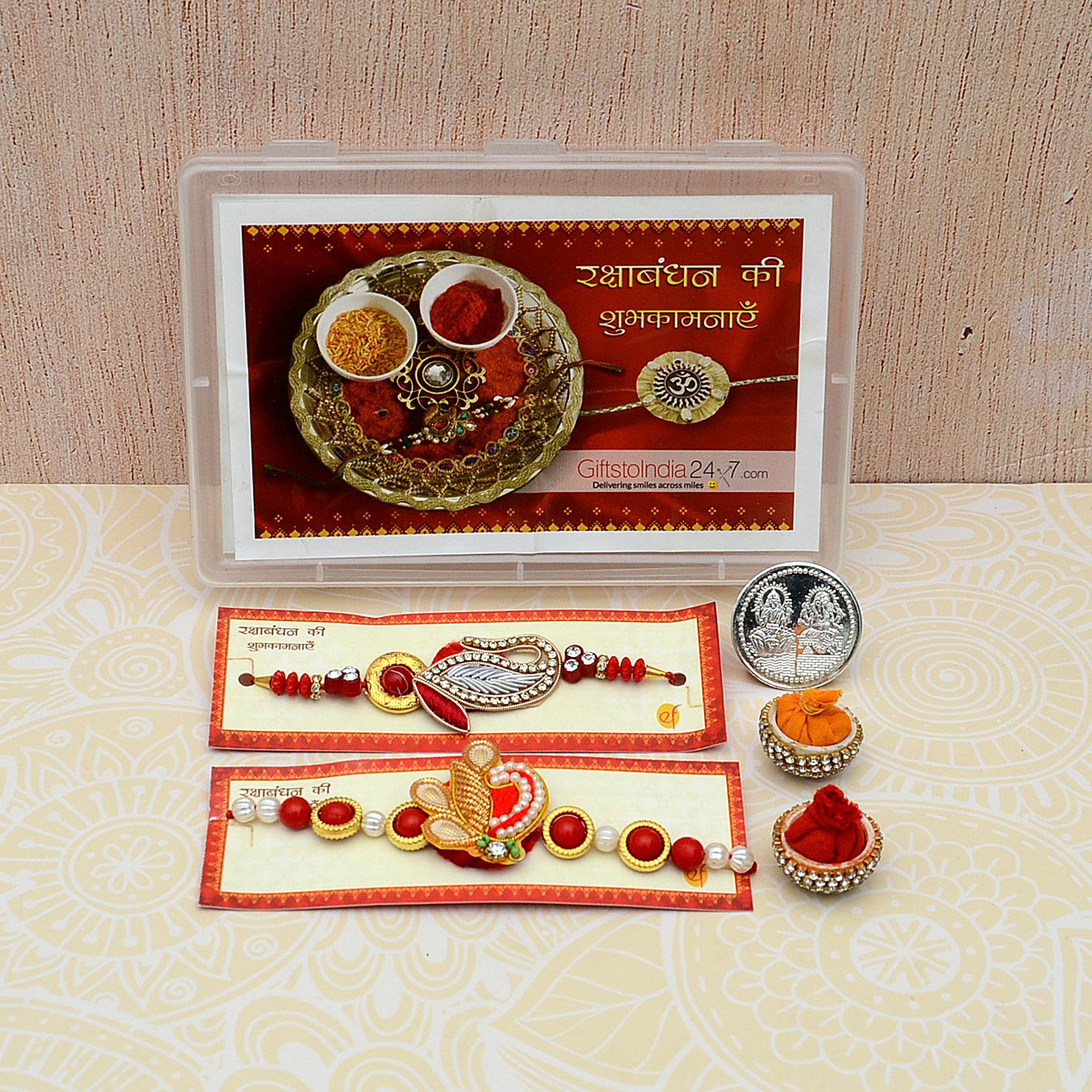 Set of 2 Colorful Zardosi Rakhis, Rakhi Sets Brother