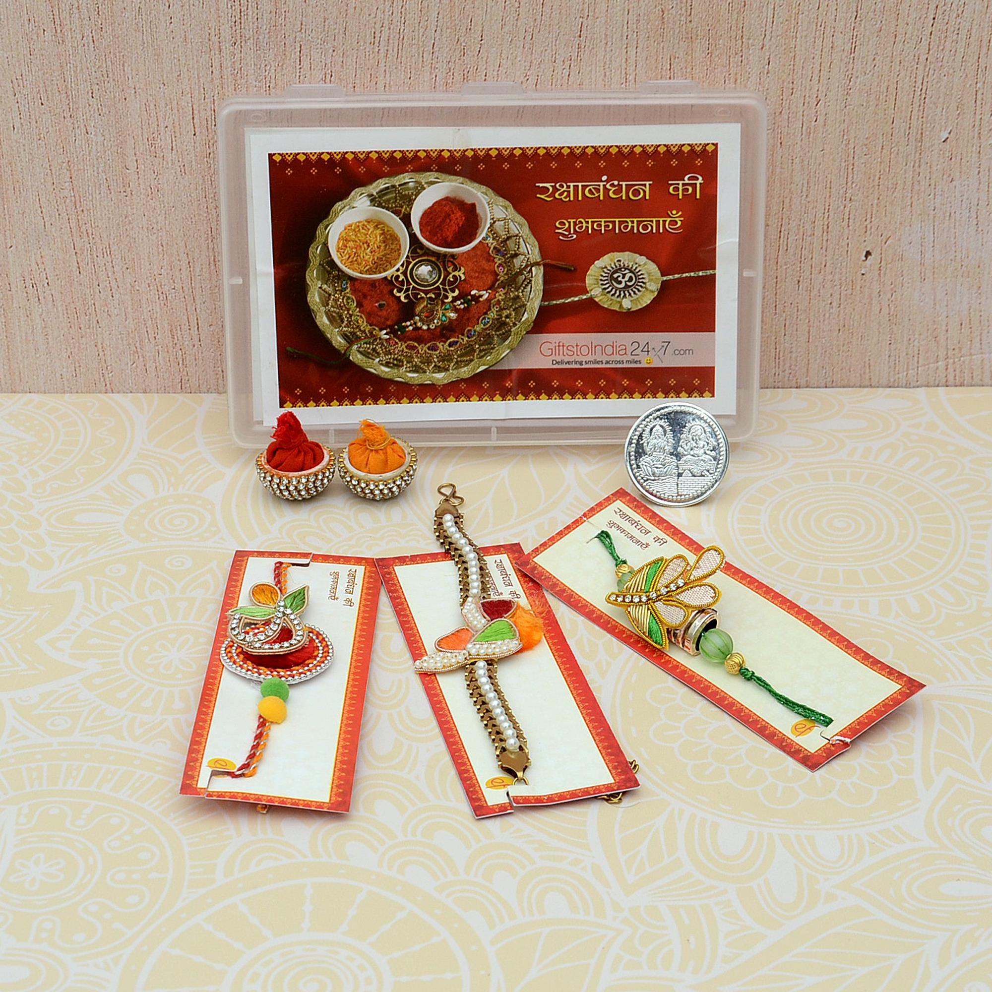 Set of 3 Designer Zardosi Rakhis, Rakhi Sets for Brothers
