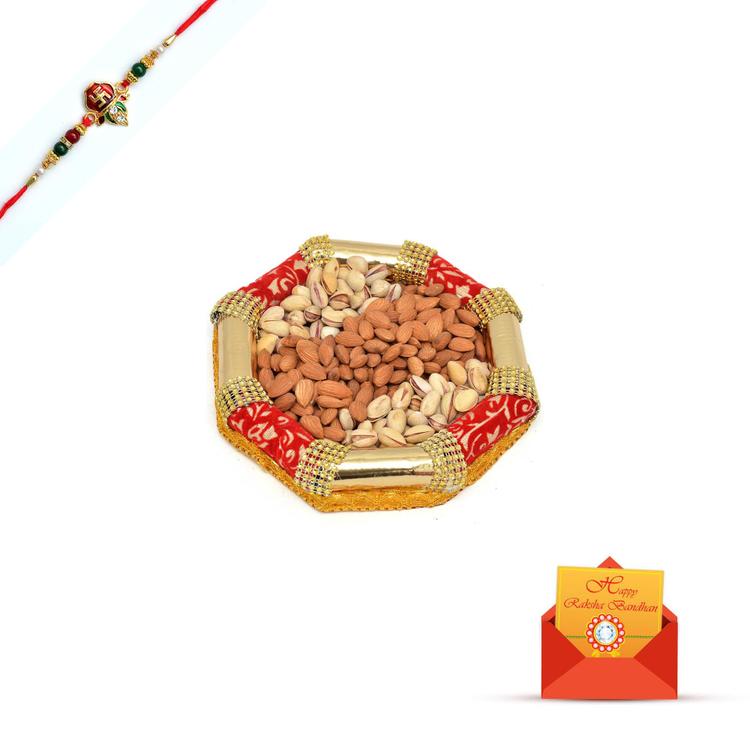 1 Kg Almond and Pista in a Thali with Rakhi
