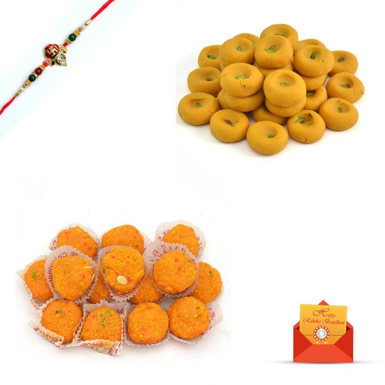 Kesaria Peda and Motichoor Laddoo with Rakhi