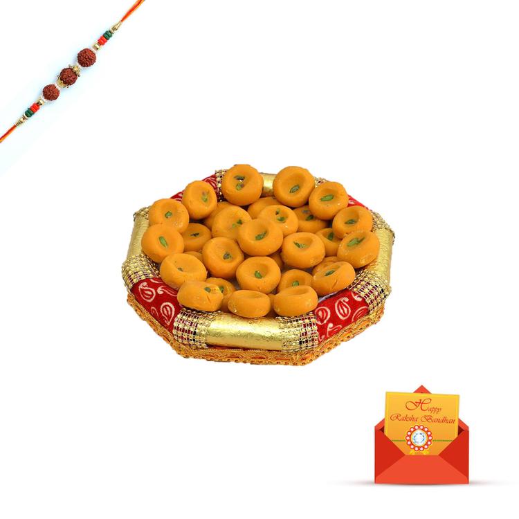 Kesaria Peda 500g in a Thali with Rakhi