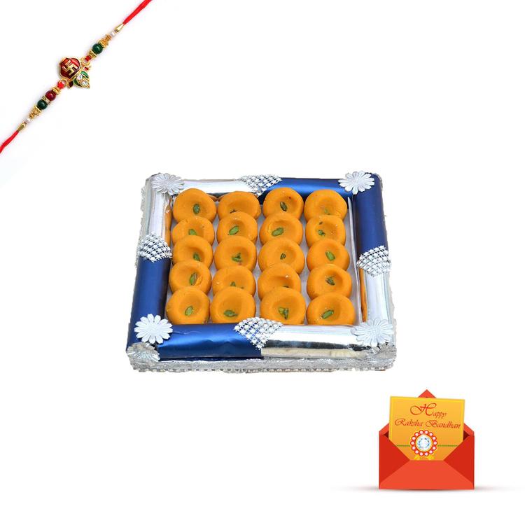 500g Kesaria Peda in a Thali with Rakhi