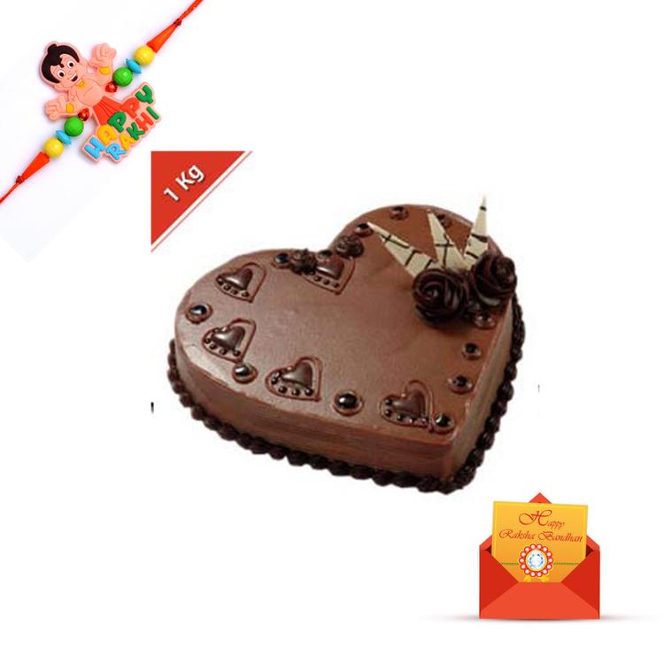 1Kg Heart Shaped Chocolate Cake with Rakhi