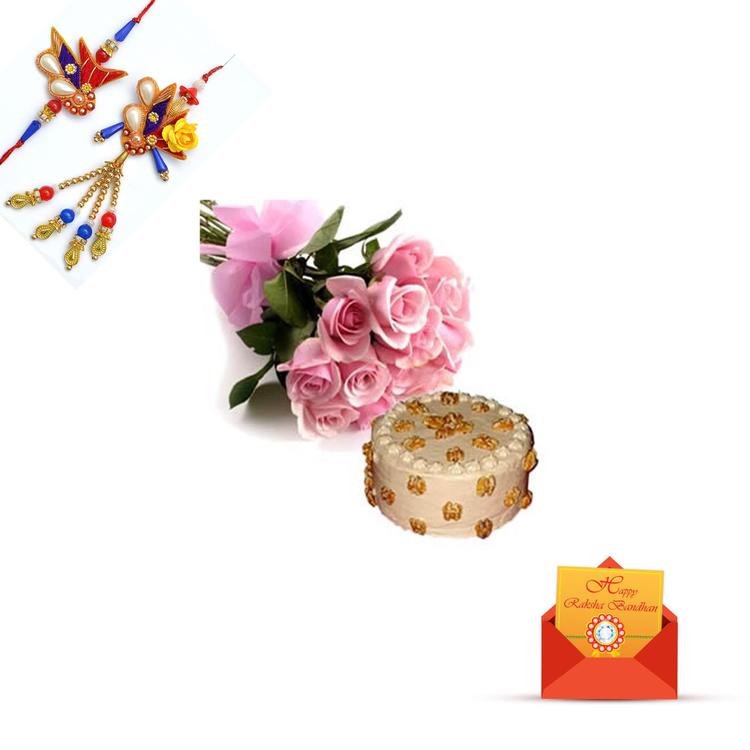 12 Pink Roses, Butterscotch Cake & Rakhi