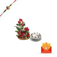 24 Red Rose Basket and 1/2 kg Pineapple Cake & Rakhi