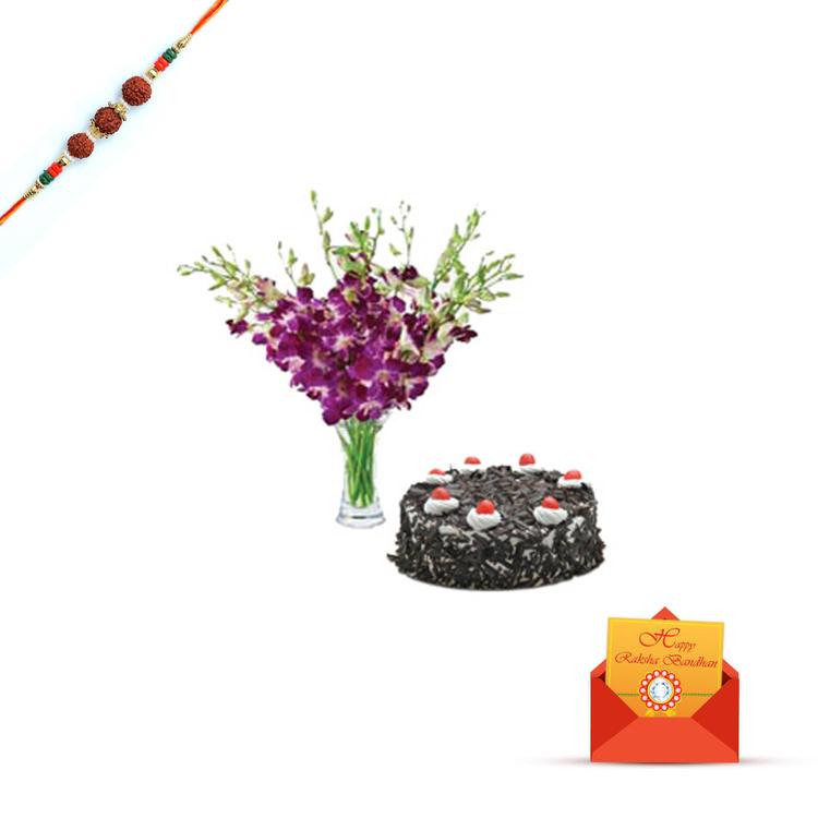 6 orchids in vase, 1/2 kg Cake & Rakhi