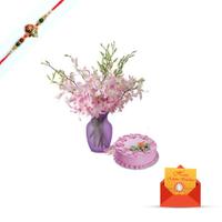 12 Purple orchids in a vase with Strawberry Cake & Rakhi