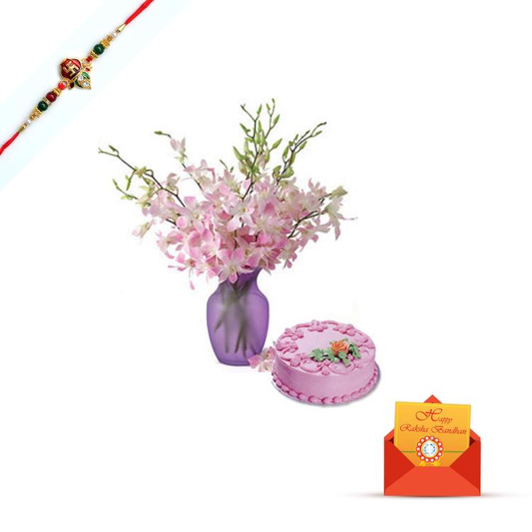 12 Purple orchids, Strawberry Cake & Rakhi