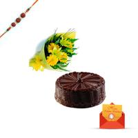 Yellow Gerberas and 3 Lilies with a 1/2 Chocolate Cake & Rakhi