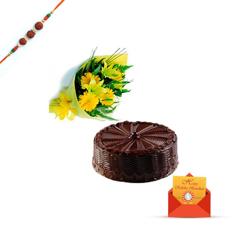 Yellow Gerberas & 3 Lilies, Cake & Rakhi