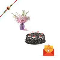 12 Purple orchids in a Glass Vase and 1 Kg Black Forest Cake & Rakhi