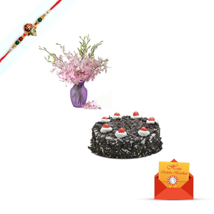 Orchids Vase, 1 Kg BlackForest Cake & Rakhi