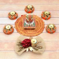 Ganesha On Chowki with Decorative Diyas