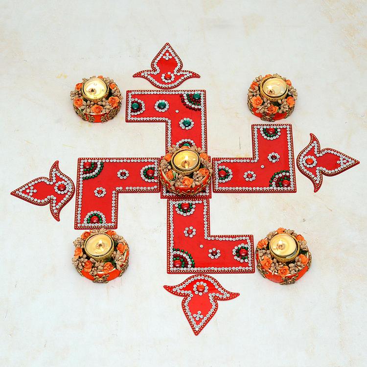 Red Swastik Rangoli with Diya