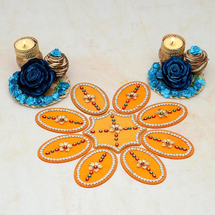 Yellow Round Rangoli with Diya
