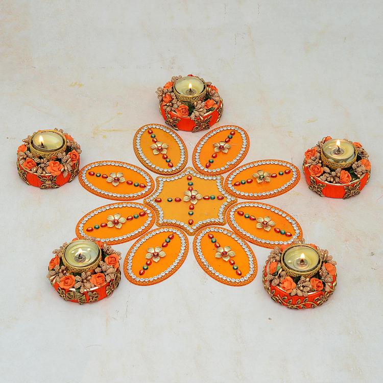 Yellow Round Rangoli with 5 Set of Diya