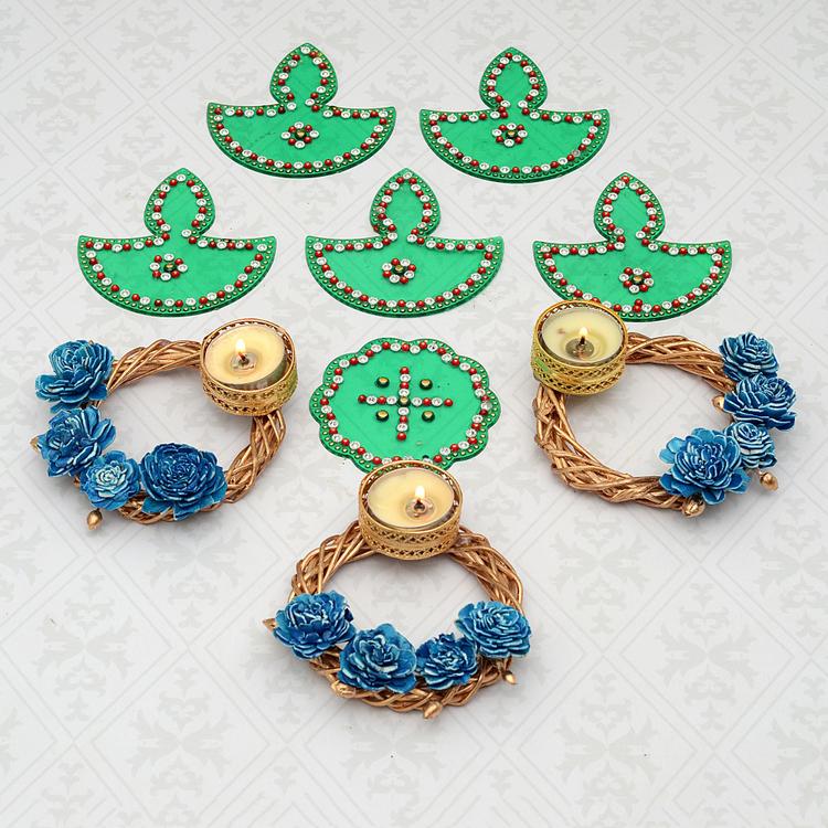 Diya Shape Green Rangoli & 3 Set of Diya