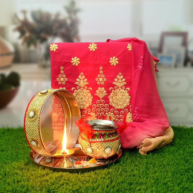 Karwa Chauth Thali & Pink Suit