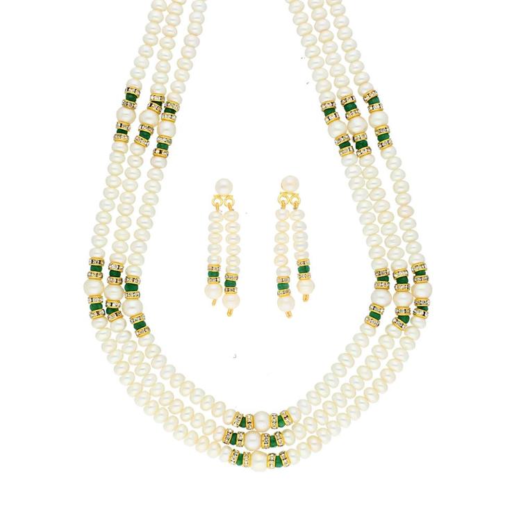 3 Line Green Stone Pearl Necklace