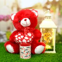 Golden Rose Lantern With Red Love Teddy Hamper