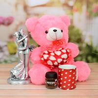 Romantic Hug Showpiece With Teddy Hamper