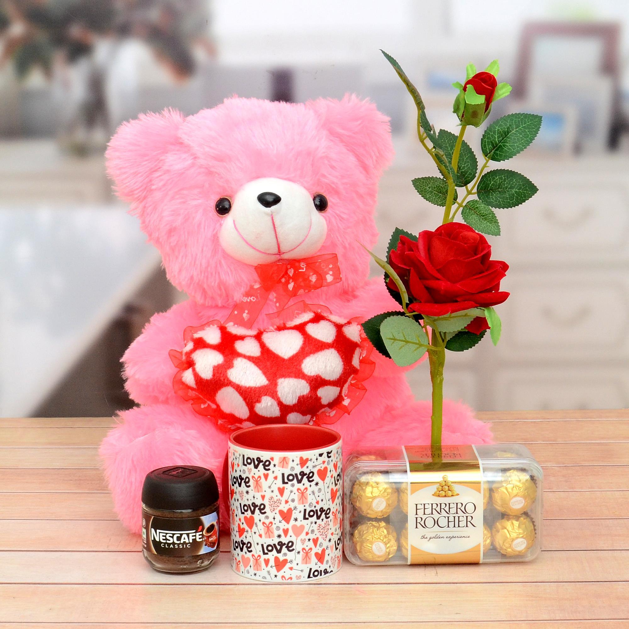 Teddy, Rose Chocolate & Mug | Valentine Gifts - USA to India