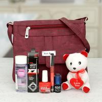 Classy Sling Bag With Cosmetics & Soft Toy Combo