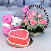 Pink Rose Basket With Hug Teddy & Love Cake