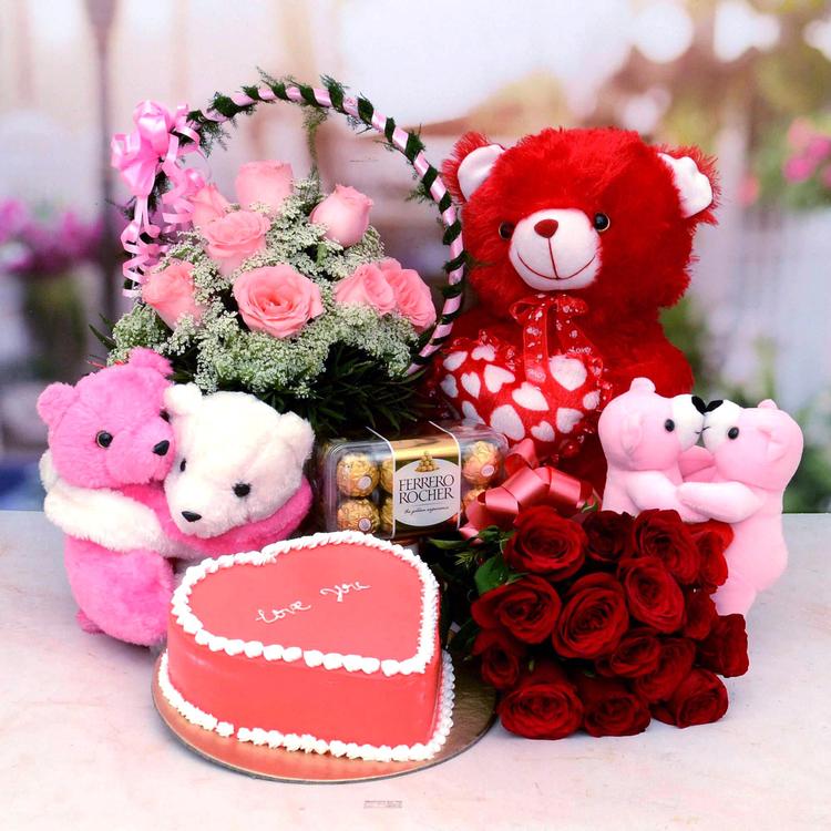 Teddies With Cake & Flowers Mega Hamper