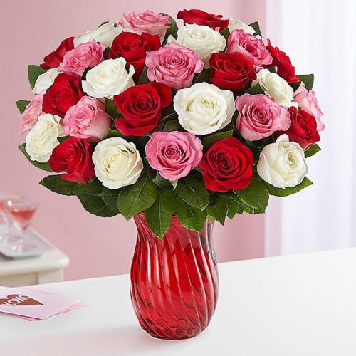 36 Multicolor Roses in a Vase