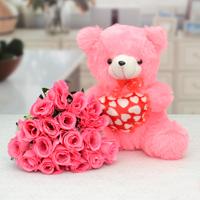 Pink Artificial Rose And Teddy Hamper
