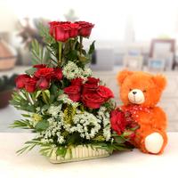 Brown Teddy With Red Rose Decor Basket